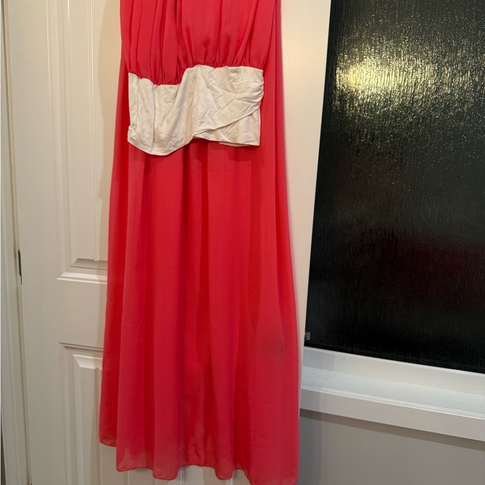Maternity Coral Pink Chiffon Dress with Ivory Waist Detail